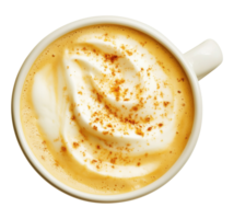 Cup with pumpkin latte with foam isolated on transparent background, top view png