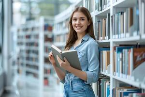 Stylish Student Librarian Smiling While Reading a Book in a Modern Library photo