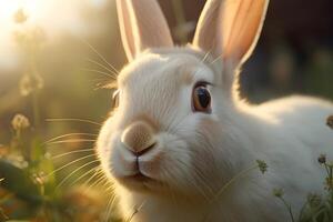 close-up of a curious bunny is face with wide sparkling eyes and perked-up ears photo