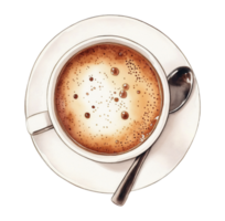 Illustration of a coffee cup and saucer with spoon, isolated on a transparent background, top view png