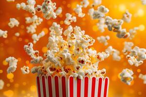 Fluffy Golden Popcorn Exploding from a Classic Red and White Striped Bucket photo