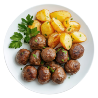 A plate of meatballs and potatoes with parsley, isolated on a transparent background png