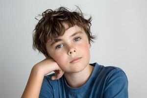 Expressive Close-Up of a 10-Year-Old Boy Looking to the Right with a Slightly Bore photo