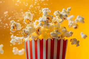Dynamic Shot of Buttery Popcorn Bursting Out of a Traditional Popcorn Container photo