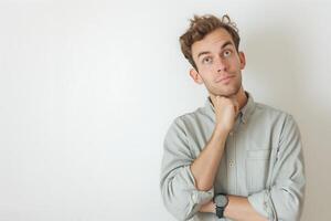 Perplexed Young Caucasian Man with a Puzzled Expression in a Studio Setting photo