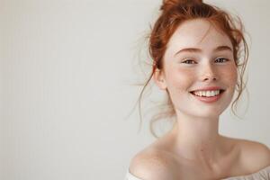 High-Quality Studio Image of a Fair-Skinned Caucasian Woman with Subtle Freckles and a Soft Expression photo