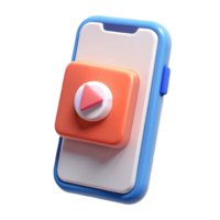 3D rendered smartphone with a blue case displaying a large prominent play button on a transparent background png