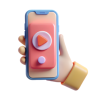 3D hand holding a smartphone with a play button on screen isolated on a transparent background png
