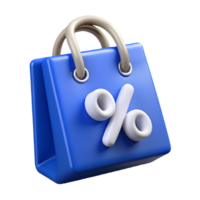 Blue shopping bag with a percentage sign symbolizing discounts and sales ideal for marketing and retail designs on a transparent background png