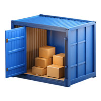 Blue shipping container with open door revealing stacked cardboard boxes isolated on a transparent background png
