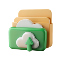 3D Cloud Upload Icon with Green and Yellow Folders on a Transparent Background on a transparent background png
