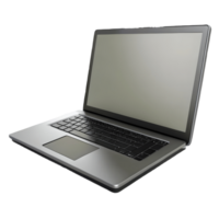 Modern sleek laptop with a black keyboard and large trackpad open and viewed from a slight angle on a transparent background png