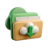 3D rendered cloud download icon with a green arrow and cloud symbol on a yellow folder isolated on a transparent background png