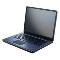 Modern sleek laptop with a dark finish and blank screen open and viewed at an angle on a transparent background png