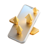 Modern smartphone with golden arrows pointing upwards symbolizing growth and success in digital business on a transparent background png