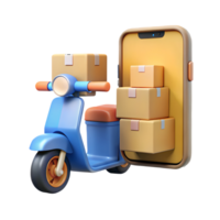 3D illustration of a blue scooter with cardboard boxes and a smartphone symbolizing online shopping and delivery services on a transparent background png