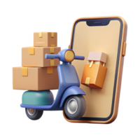 3D illustration of a scooter with cardboard boxes emerging from a smartphone symbolizing online shopping and delivery on a transparent background png