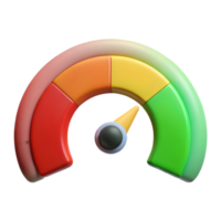 Colorful 3D speedometer gauge with red yellow and green segments indicating performance levels on a transparent background png