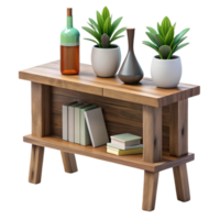 Rustic wooden side table with books potted plants a vase and a bottle perfect for home decor on a transparent background png