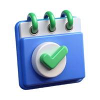 3D Blue Calendar Icon with Green Check Mark on a transparent background, , Perfect for Scheduling and Task Completion Representations png