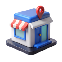 Cute 3D storefront with a blue roof, red and white striped awning, and a red location pin on top, perfect for local business illustrations. on a transparent background, png
