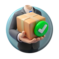 Businessman holding a cardboard box with a green checkmark, symbolizing successful delivery or approval, on a transparent background, . png