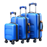 Three blue travel suitcases of varying sizes with extendable handles and wheels, perfect for modern travel needs on a transparent background, . png