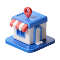 Cute 3D storefront with a red and white striped awning, blue roof, and location pin on top, perfect for local business illustrations. on a transparent background, png