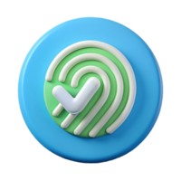 3D Fingerprint Icon with Checkmark on a Green and White Swirl Design, Blue Background, on a transparent background, png