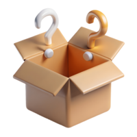 3D Rendered Open Cardboard Box with Question Marks Emerging, Symbolizing Mystery and Surprise on a transparent background, png