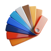 Colorful 3D render of a fan-shaped color palette guide featuring a variety of vibrant and metallic colors on a transparent background, . png