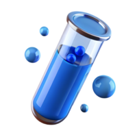 A 3D-rendered test tube filled with blue liquid and spheres, floating on a transparent background, . png