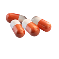 Four glossy orange and white pharmaceutical capsules arranged in a cluster on a transparent background, . png