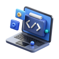 3D Rendered Laptop with Coding Symbols and Floating Icons on a Transparent Background, on a transparent background, png