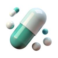 3D Render of a Large Green and White Pill Capsule with Smaller Pills and Spheres on a Transparent Background, on a transparent background, png