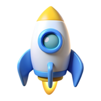 Cute 3D cartoon rocket ship with blue fins and a yellow tip, ready for launch on a transparent background, . png