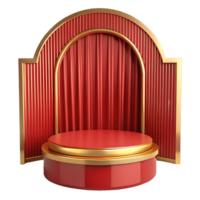 elegante rojo y oro podio con un lujoso cortina fondo, Perfecto para producto muestra y presentaciones en un transparente fondo, . png