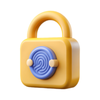 3D yellow padlock with blue fingerprint scanner, symbolizing secure access and modern security technology on a transparent background, . png