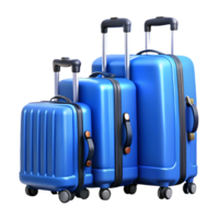 Three blue suitcases of varying sizes with extendable handles and wheels, ideal for travel, isolated on a transparent background, . png