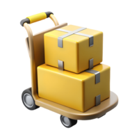 3D rendering of a hand truck with two yellow boxes stacked, ready for delivery or storage, on a transparent background, . png