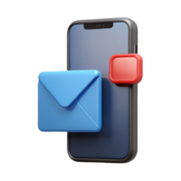 3D smartphone with a blue envelope and red notification icon on a transparent background, , symbolizing new email alert. png