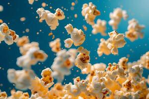 Freshly Popped Buttery Popcorn Flying in the Air Captured with High-Speed Photography photo