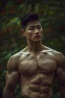 Striking Vertical Portrait of a Shirtless Muscular Asian Man with Sharp Facial Structure photo