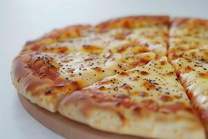 Hyper Realistic Close Up of a Freshly Baked Cheese Pizza on a White Background photo