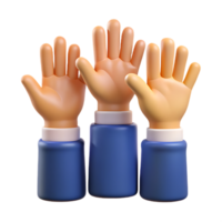 A 3D rendering of three hands raised, symbolizing approval and support in a vibrant and eye-catching design png