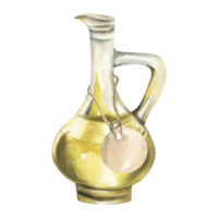 Glass jug with yellow oil and paper tag on rope watercolor illustration. Hand drawn isolated transparent bottle with olive condiment clipart,Italian and Greek cuisine painting for menu,recipe design png