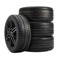 Stack of new car tires with alloy rim. png