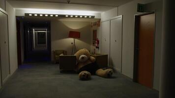 Oversized plush toy mysteriously gliding along dimly lit hotel corridor, creating eerie atmosphere of suspense and childhood imagination gone surreal video