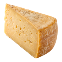 A wedge of aged cheese with holes and a slightly rough rind. png