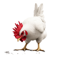 A 3D chicken with a bright red comb pecking at the ground in natural pose, isolated background png